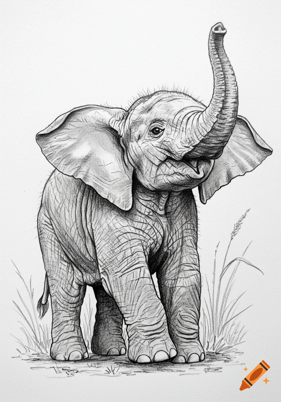 Pencil line drawing of a juvenile elephant with large ears and its trunk curled upwards, standing in sparse grass.
