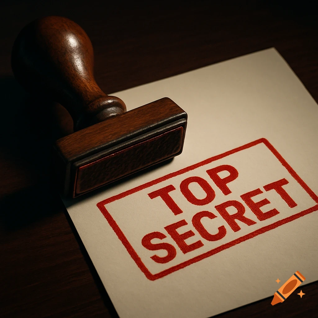 A wooden rubber stamp rests beside a piece of paper marked with a red 'TOP SECRET' stamp.
