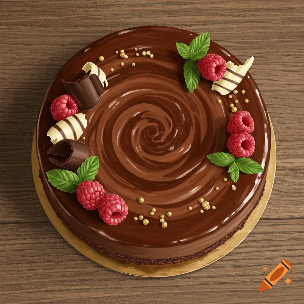 Top-down view of a chocolate cake with glaze, raspberries, mint leaves, and chocolate curls on a wooden surface.