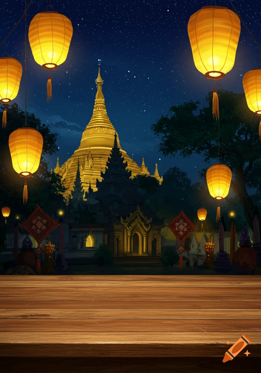 Vibrant night scene with a golden pagoda, glowing lanterns, traditional decorations, and a wooden table in the foreground.