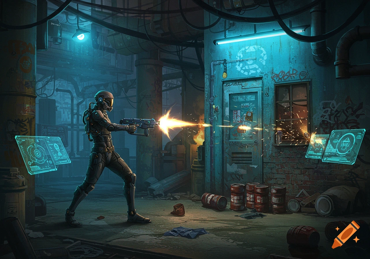 A futuristic soldier in a helmet and combat suit fires a weapon in a dark, grimy, neon-lit industrial alley. Holographic screens float nearby.