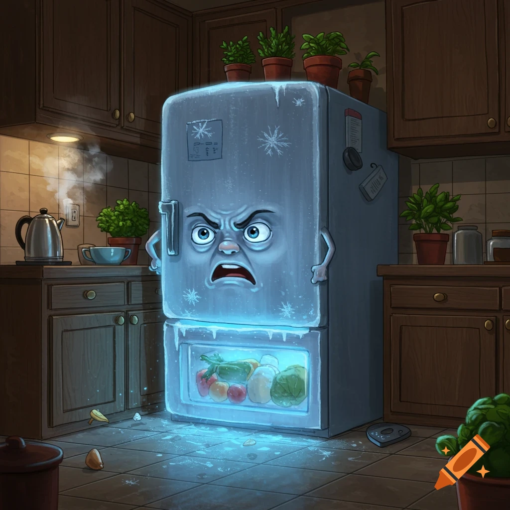 An angry, frozen anthropomorphic refrigerator, glowing blue in a cartoon kitchen, with its bottom drawer open revealing fresh food.