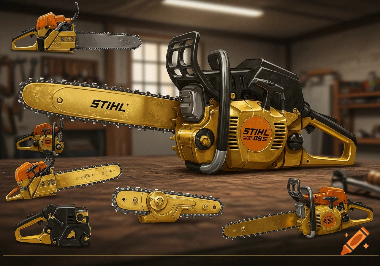 Multiple gold and black chainsaws with different configurations displayed in an illustrative style on a wooden table in a workshop.