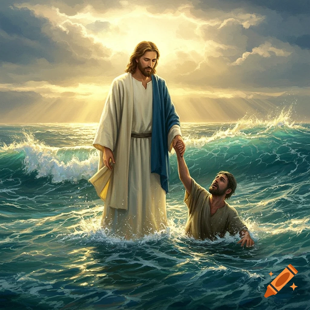 Jesus, standing on turbulent waves, helps a struggling man from the stormy sea under a dramatic, sunlit sky. Digital painting.