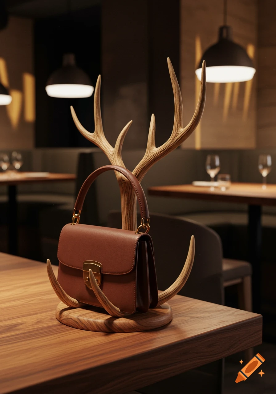 A brown leather handbag hangs on a wooden deer antler-shaped holder on a table in a warm-lit, modern restaurant.