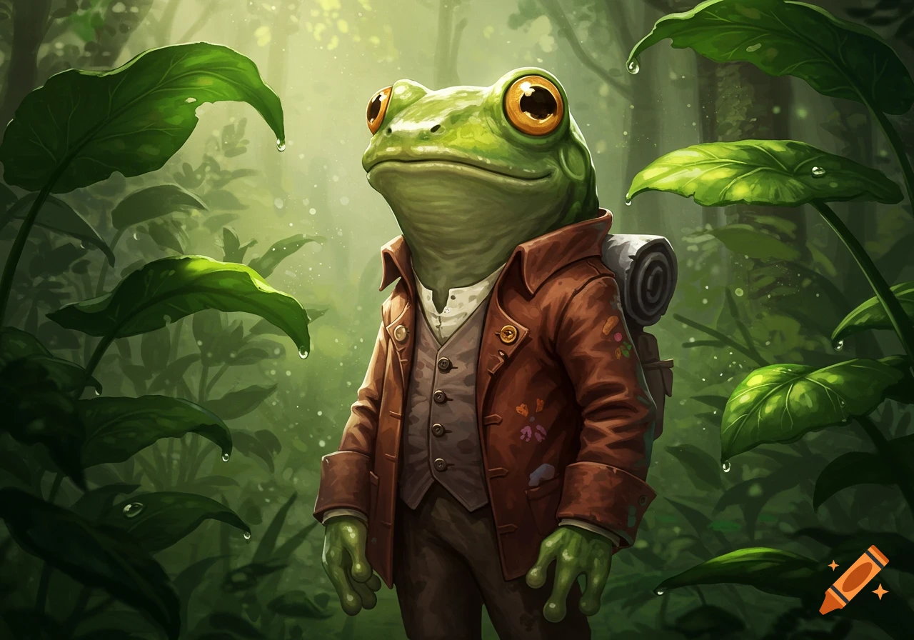 A cartoonish humanoid frog wearing a brown jacket, vest, and backpack stands in a lush green forest with dappled sunlight.