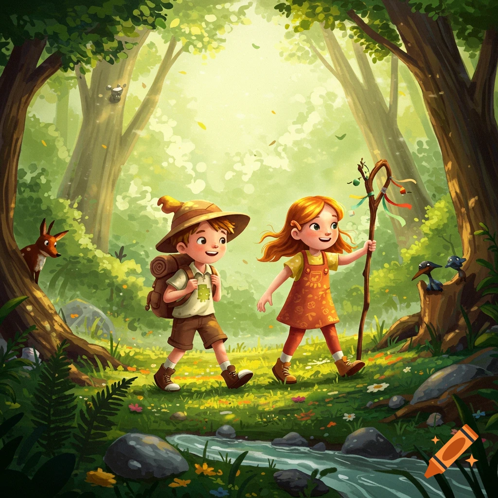 A boy and girl hike through a sunny, vibrant green forest, passing a stream, deer, and birds in an illustrated style.