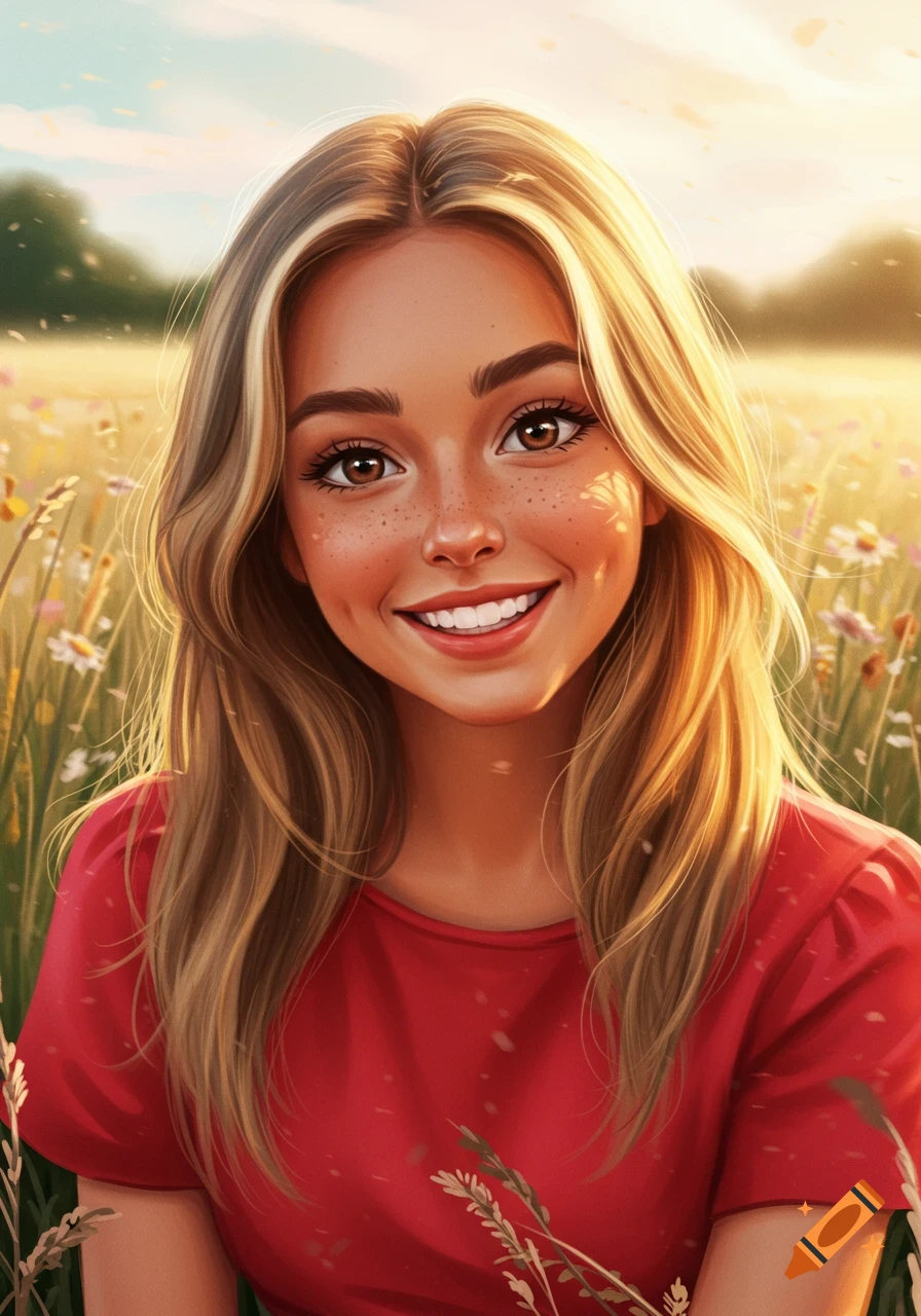 An illustration of a smiling young woman with blonde hair and freckles wearing a red top, sitting in a sunny field of flowers.
