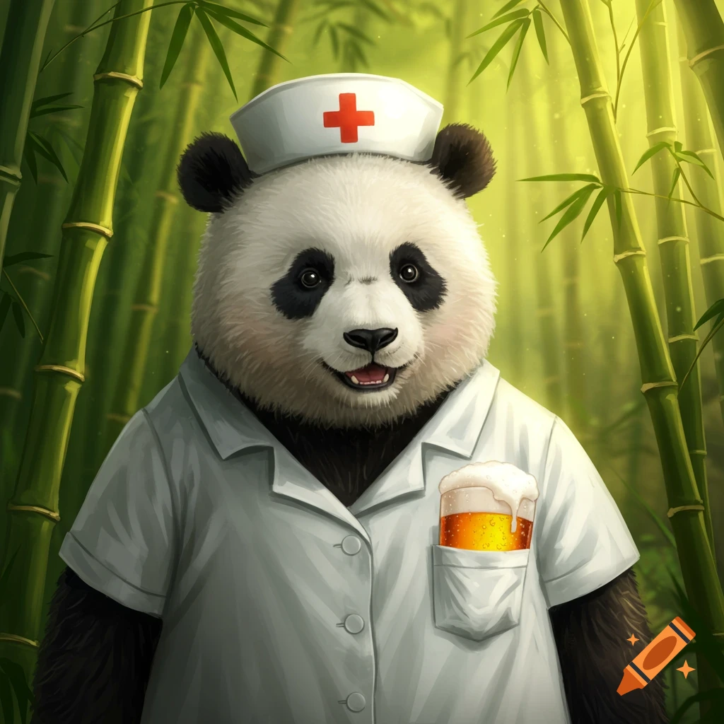 A panda dressed as a nurse with a red cross cap and a beer in its pocket, standing in a bamboo forest.