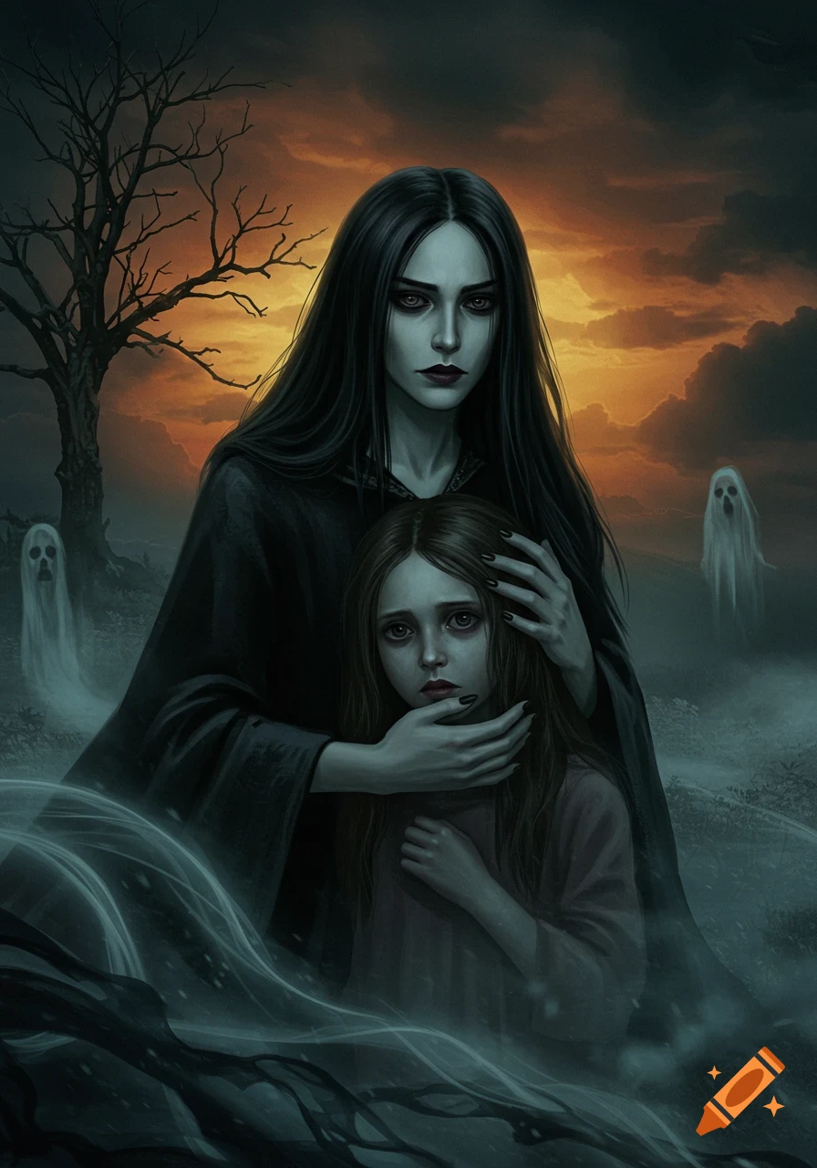 Gothic fantasy illustration of a dark-haired woman embracing a scared girl, with ghosts in a misty, twilight landscape.