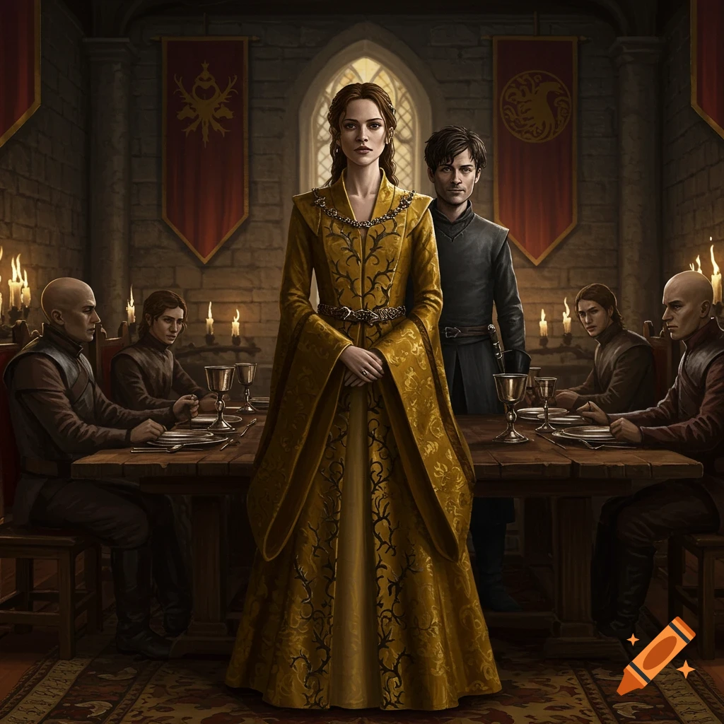 A woman in a golden gown and a man in dark clothes stand in a candlelit medieval hall with seated figures.