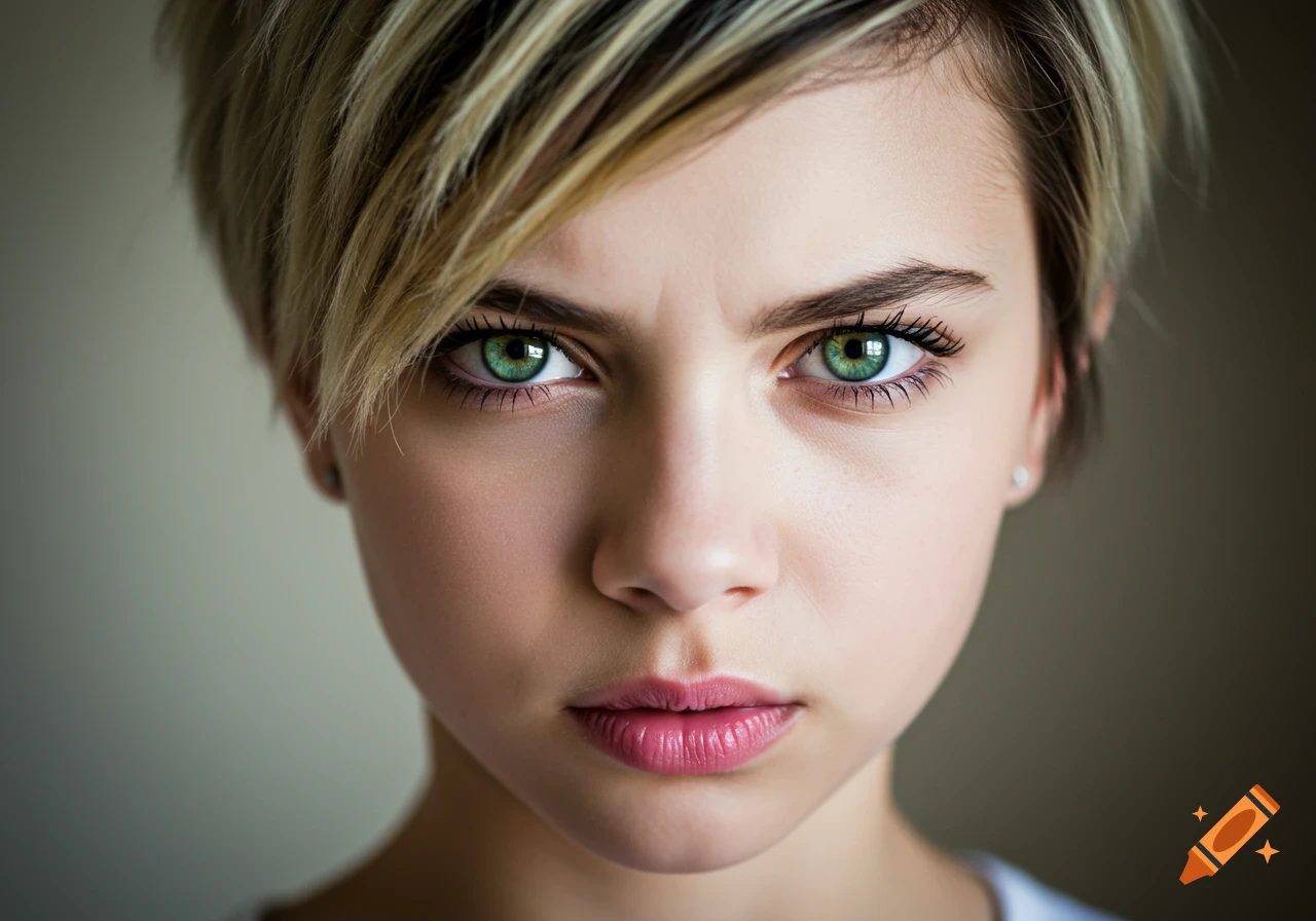 Close-up photorealistic portrait of a young woman with short blonde hair and black streaks, green eyes, and pink lips.