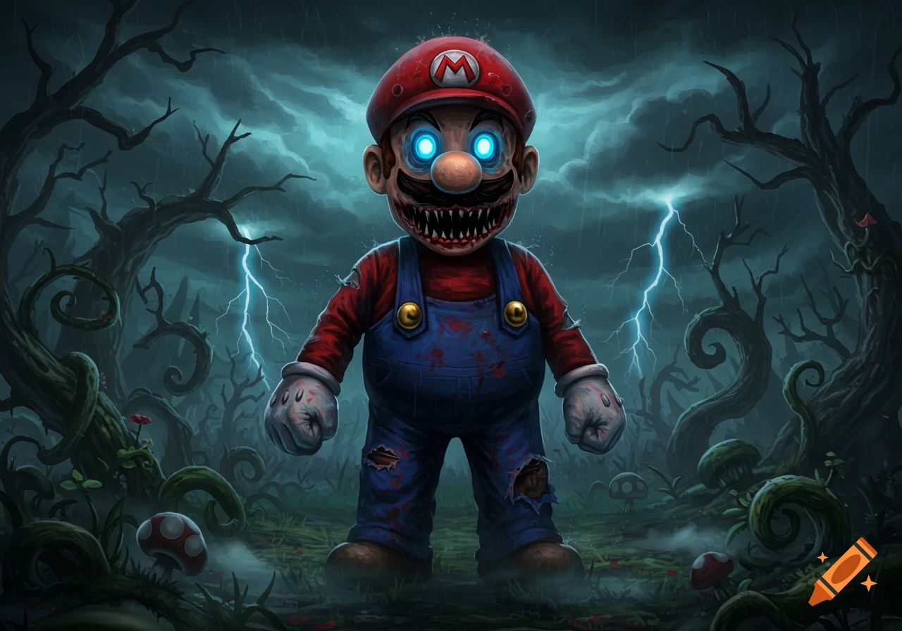 Creepy, zombie-like Mario with glowing blue eyes and sharp teeth, stands in a dark, stormy forest with lightning in digital art style.