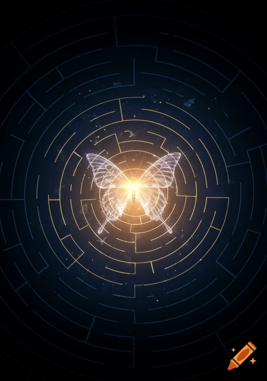 A glowing, ethereal butterfly with light-filled wings emerges from the center of a dark, circular labyrinth.