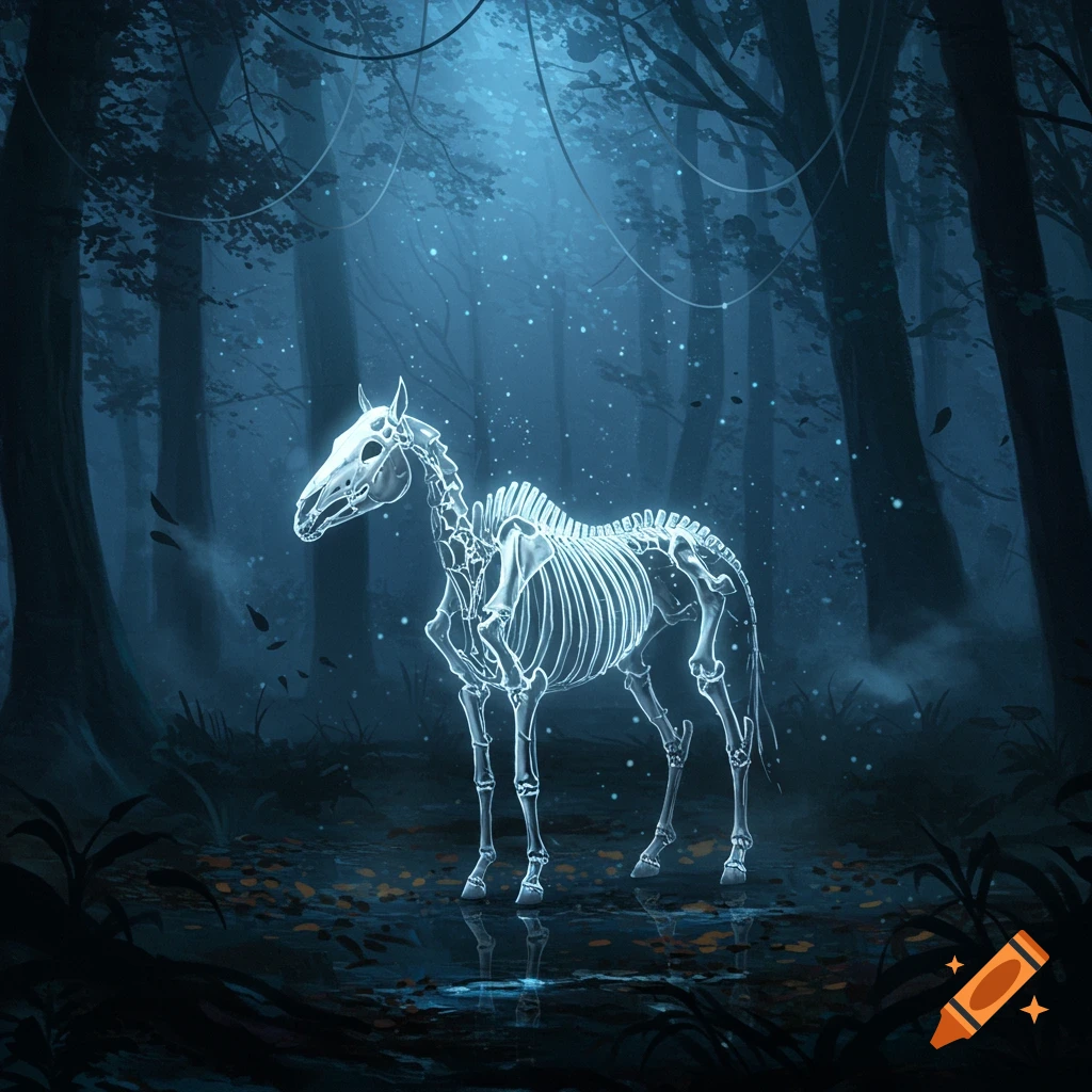 A luminous horse skeleton stands in a dark, ethereal forest under dappled blue light.