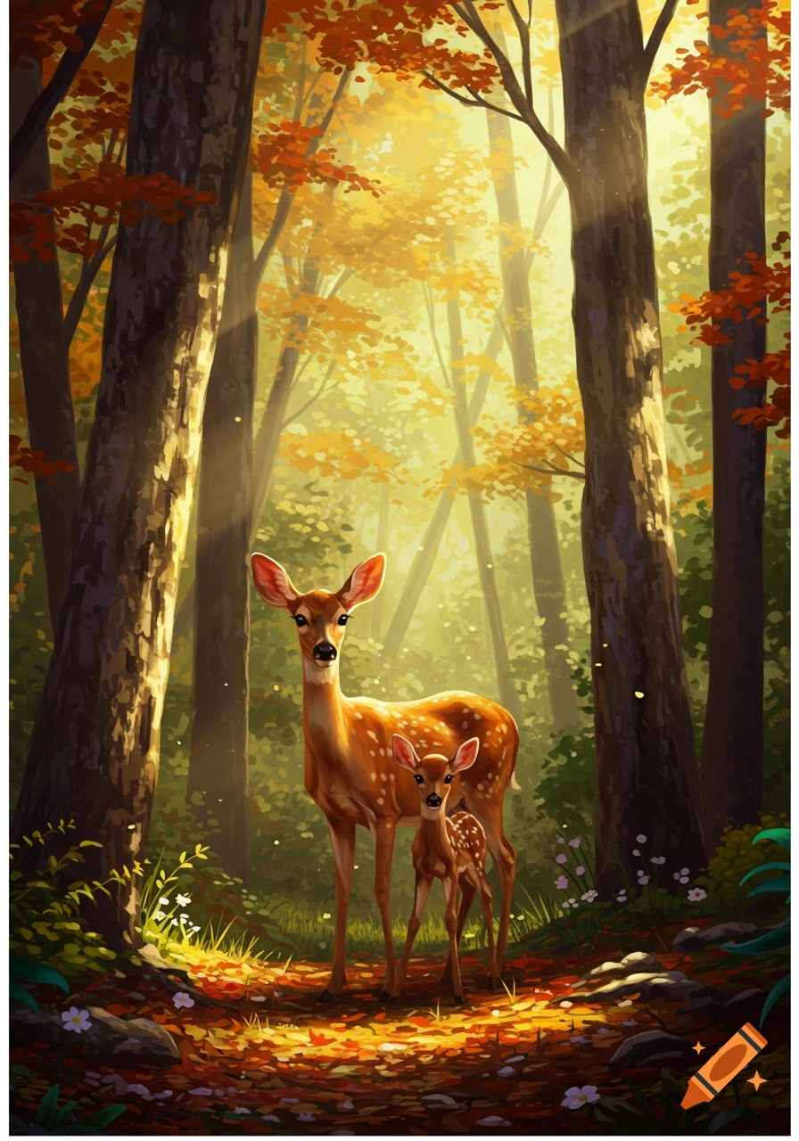 A mother deer and fawn stand in a sun-dappled autumn forest, looking forward. Illustrated style.