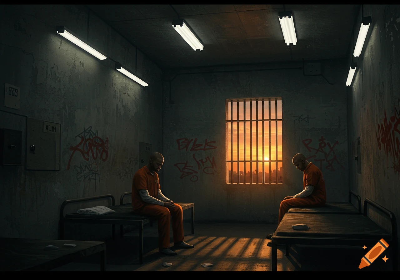 Two prisoners in orange jumpsuits sit in a gloomy jail cell, gazing at a sunset through a barred window.