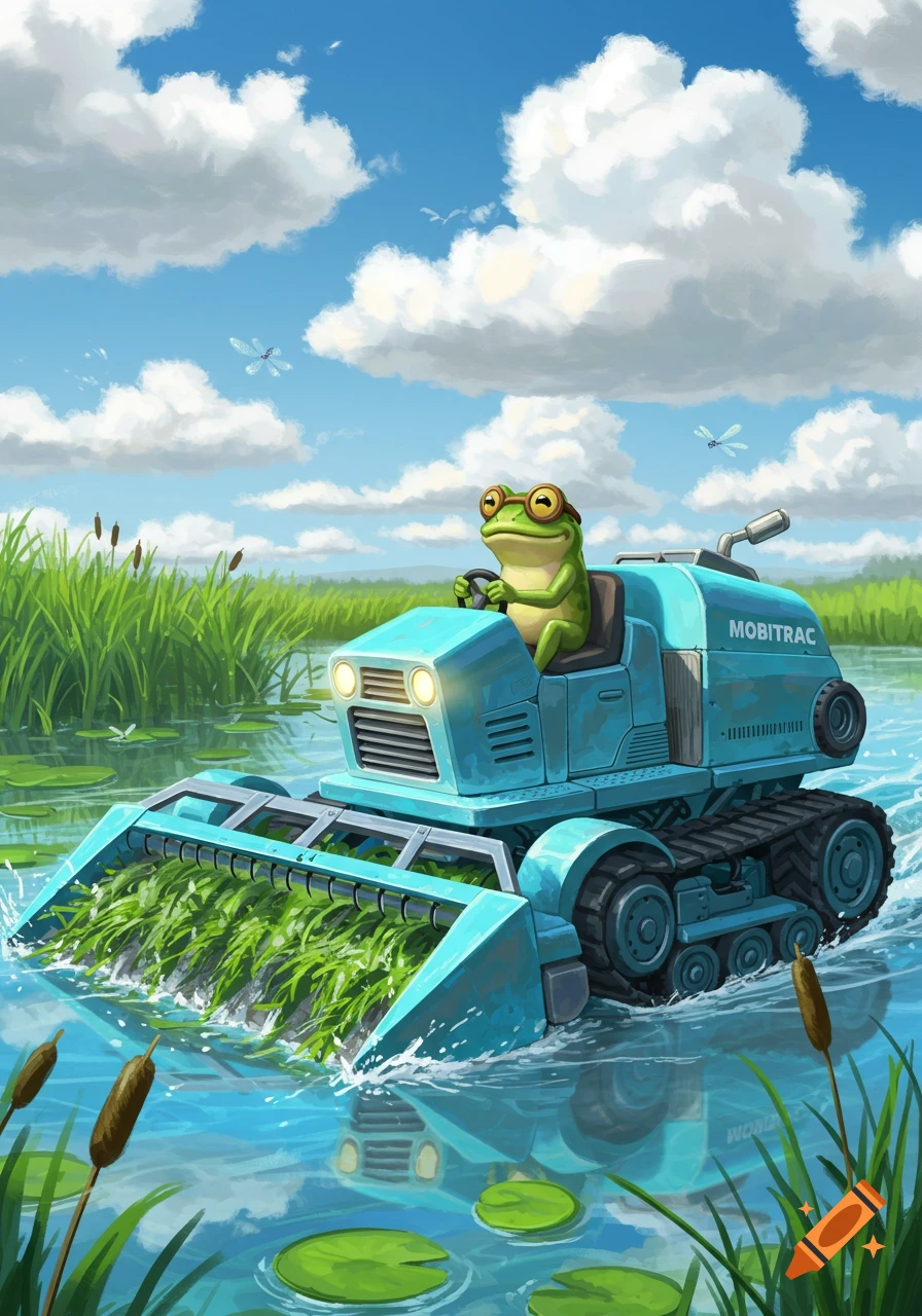 A cartoon frog in goggles drives a blue Mobitrac amphibious harvester through a sunny wetland, cutting reeds. Dragonflies fly in the blue sky.