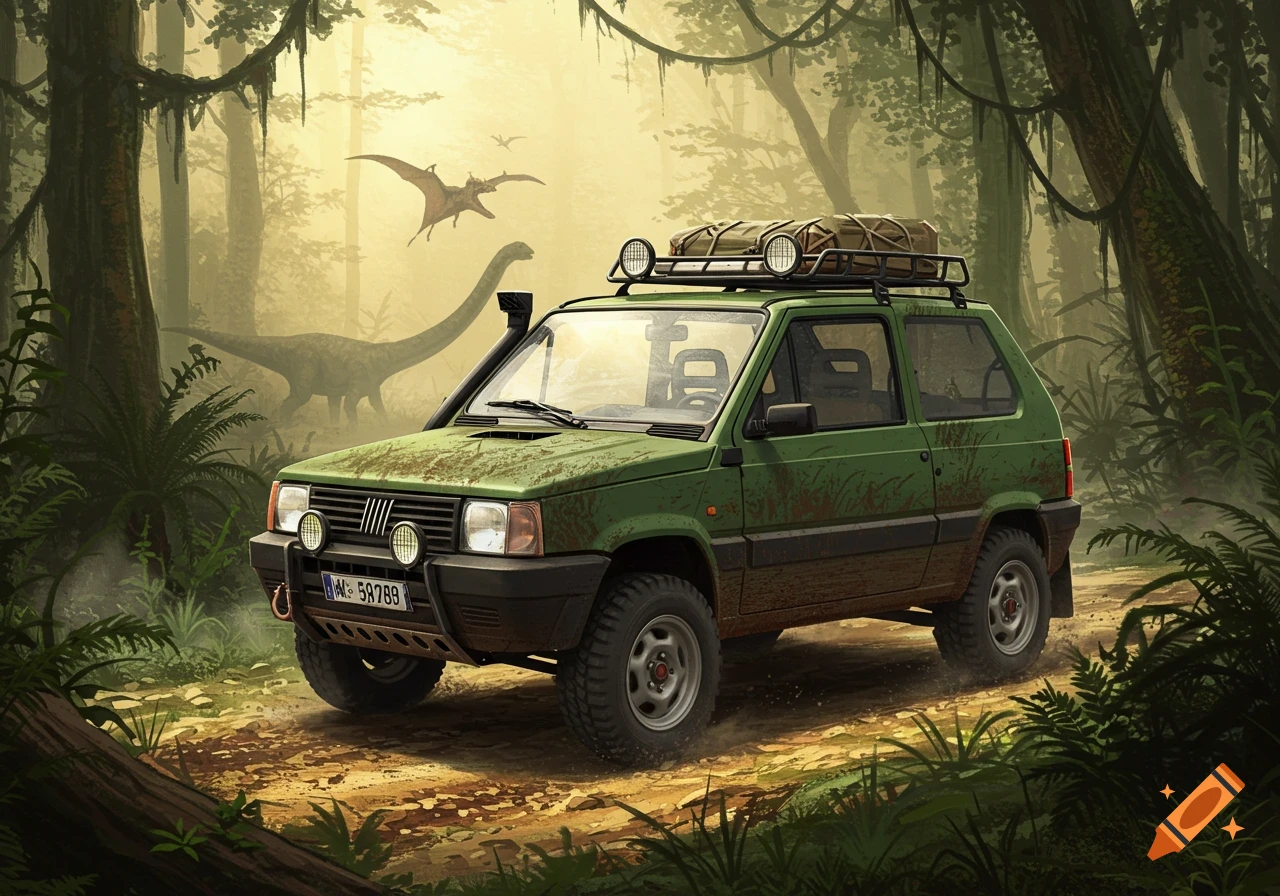 A green off-road Fiat Panda on a jungle path with dinosaurs and flying pterosaurs in the misty background, Jurassic Park style.