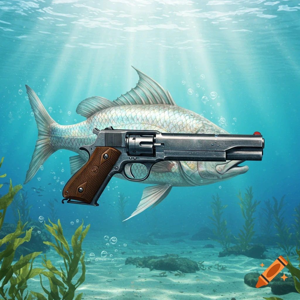 A surreal illustration of a large fish swimming underwater with a handgun floating beside it among seaweed and bubbles.
