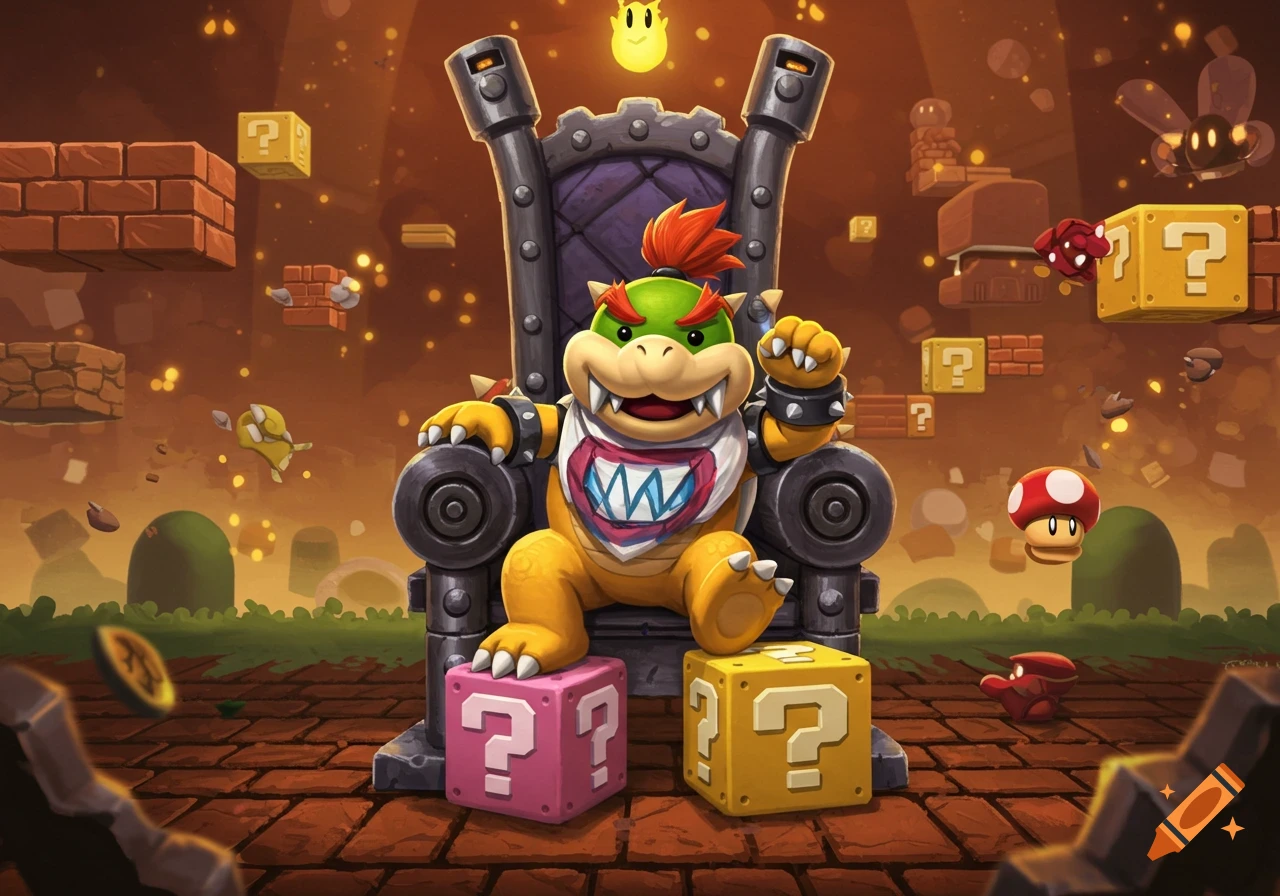 Bowser Jr. sits on a dark throne in a stylized Super Mario world, surrounded by question blocks, bricks, and iconic enemies.