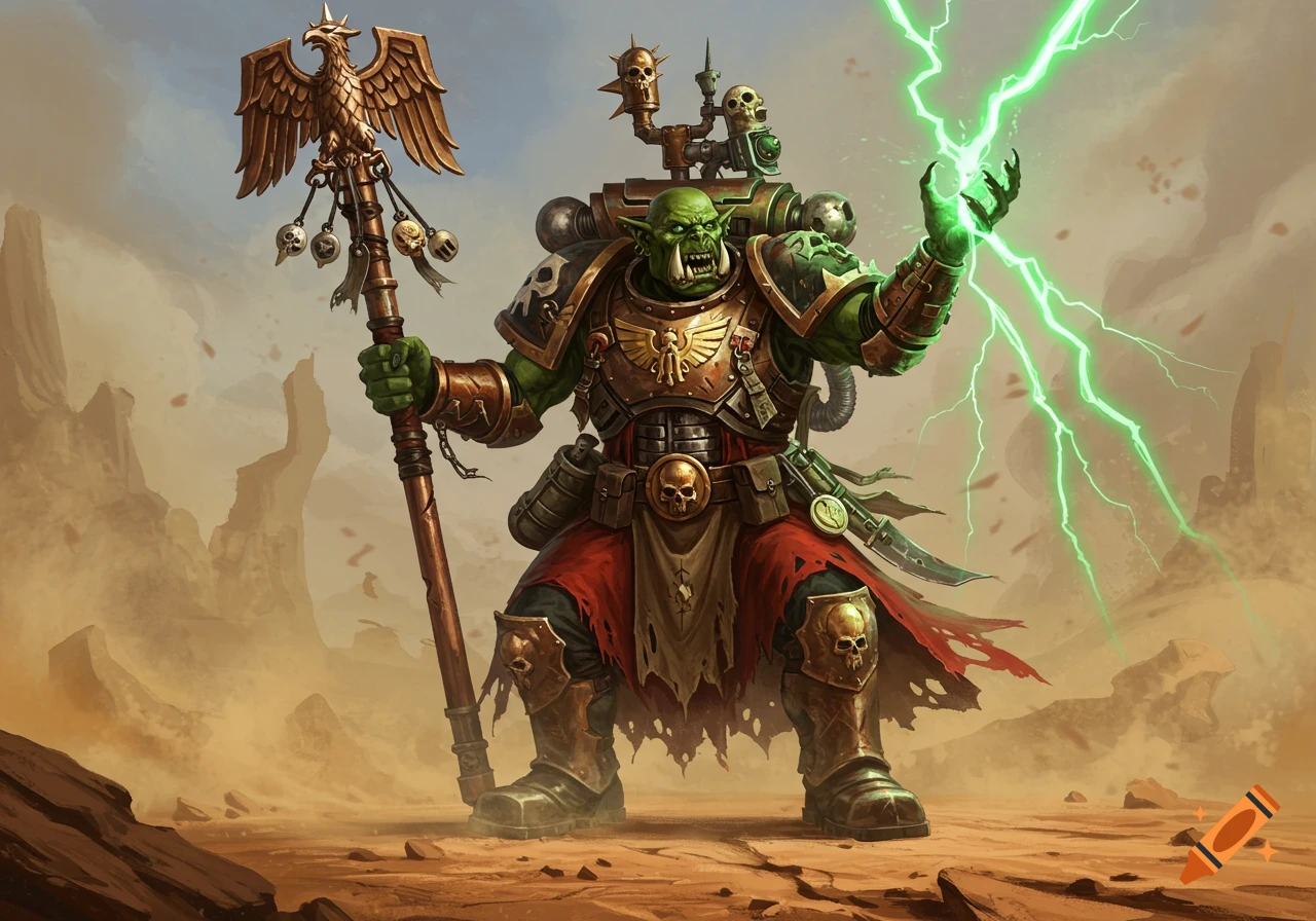 A green-skinned Ork warrior in golden armor and red robes casts green lightning on a dusty desert planet, holding an Aquila-topped staff.