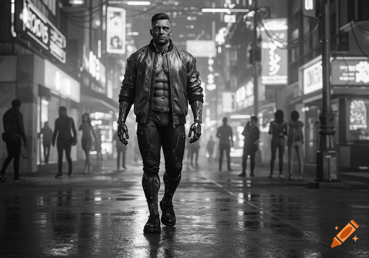 A muscular man with cybernetic implants walks down a rainy, black and white cyberpunk street.