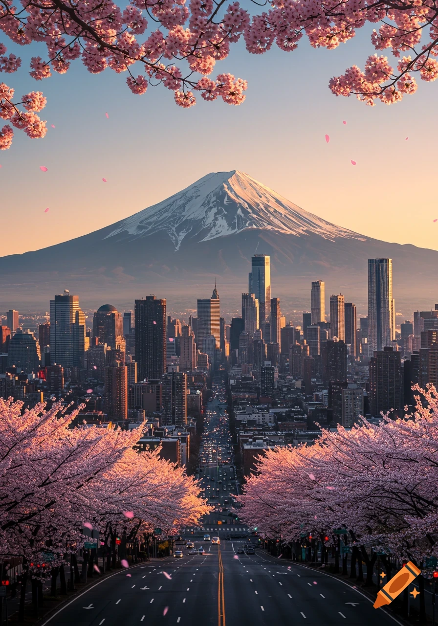 Photorealistic cityscape featuring a highway lined with blooming cherry blossom trees, leading towards a metropolitan area and Mount Fuji.