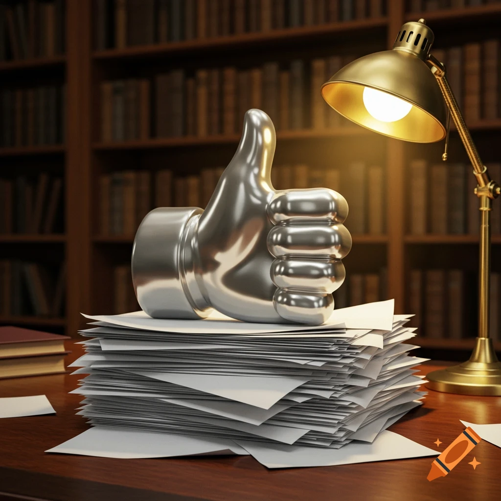 A metallic thumbs-up sculpture rests on a large stack of papers on a wooden desk, illuminated by a brass desk lamp, with bookshelves in the background.