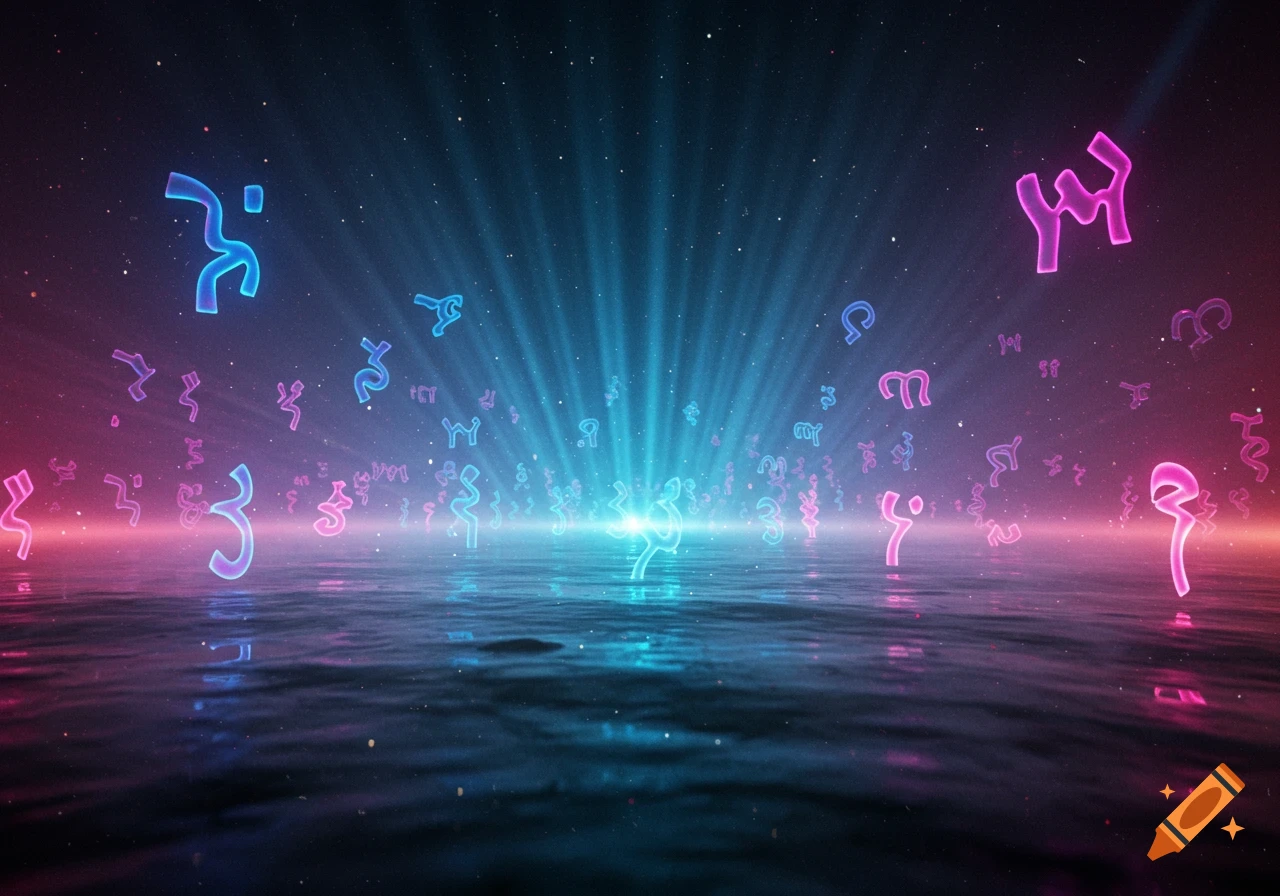 Glowing blue and pink Ethiopic characters float above a reflective water surface under a starry night sky with a bright light beam.