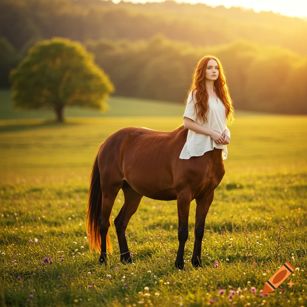 A female centaur with long red hair and a white top stands in a sunlit grassy field with wildflowers and trees in the background.