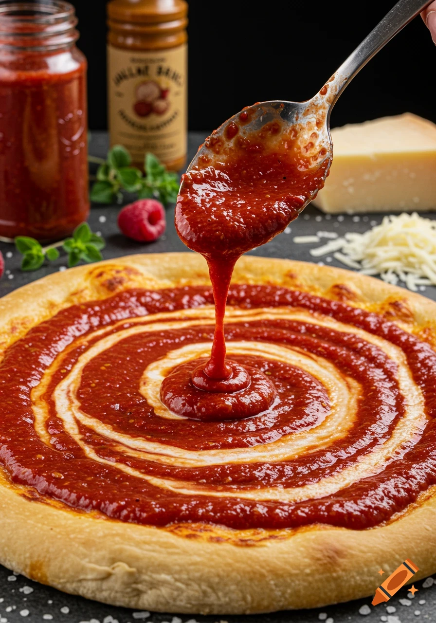 A spoon pours red pizza sauce in a spiral pattern onto a plain pizza crust. Jars, cheese, and herbs are blurred in the background, in a photorealistic style.