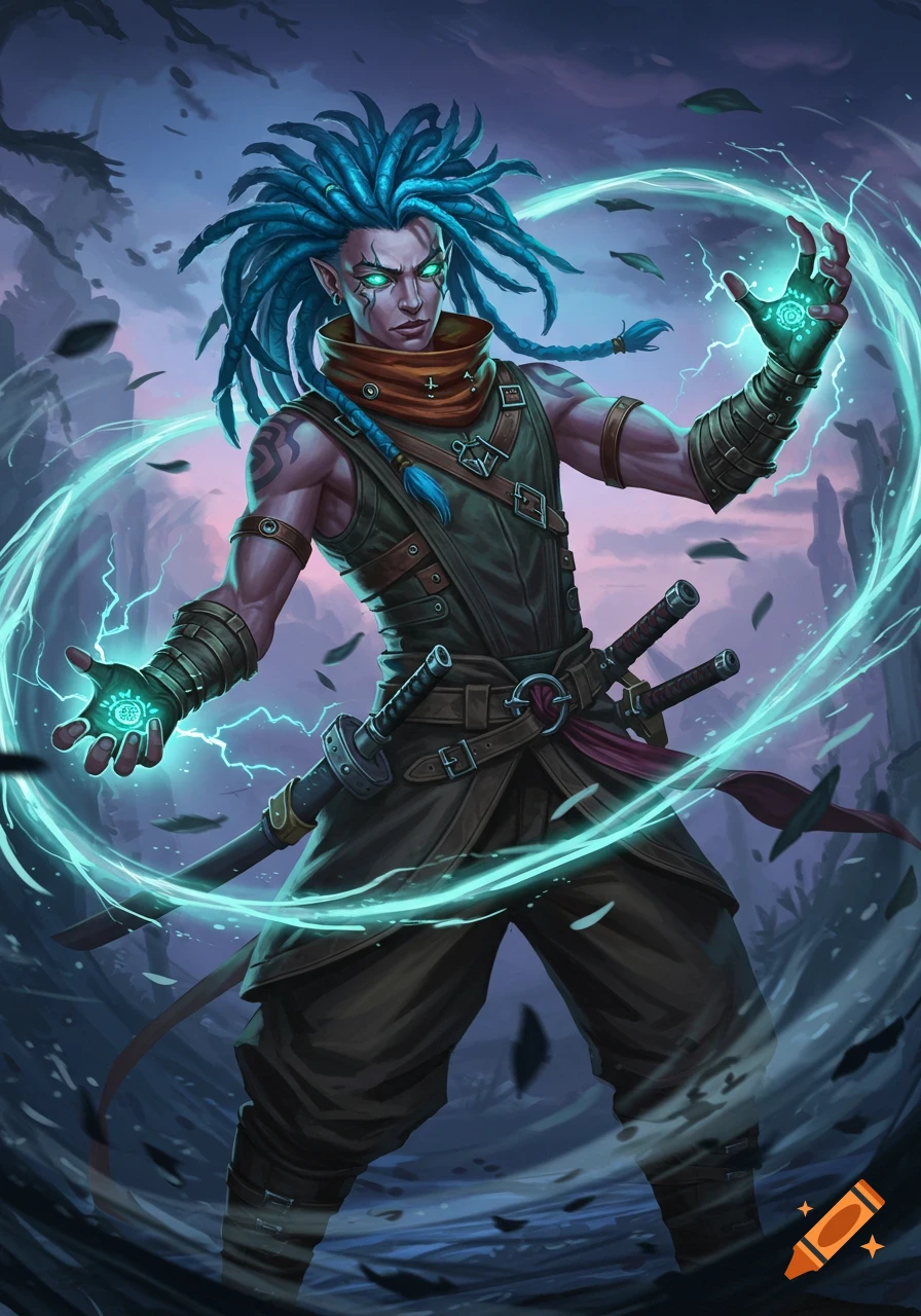 A fantasy character with blue dreadlocks, green eyes, and arm tattoos conjures glowing turquoise magic in a dark, stylized setting.