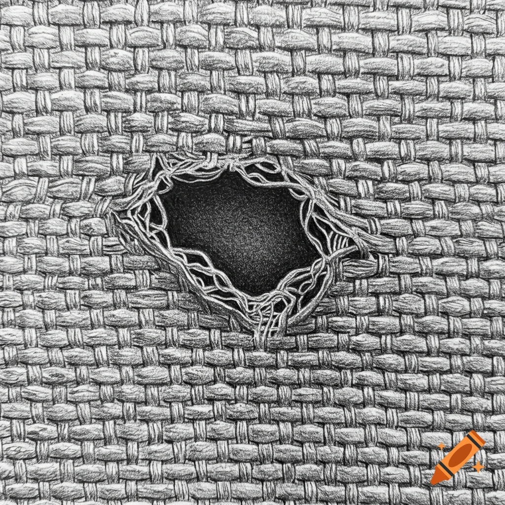 A detailed pencil drawing of a damaged gray weave pattern with a ragged hole in the center, showing frayed edges.