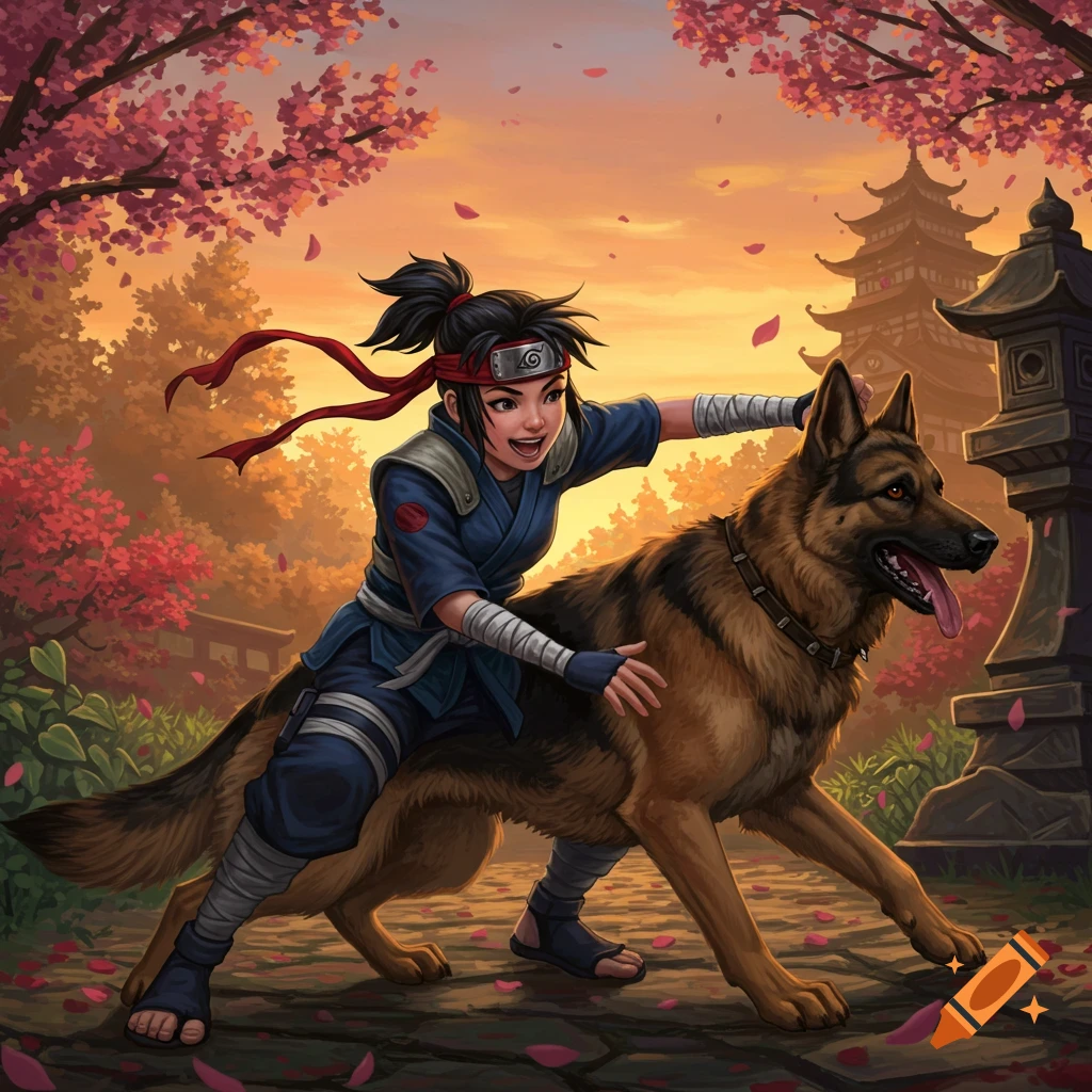 An anime-style shinobi girl with a headband runs playfully alongside a German Shepherd under a canopy of cherry blossoms at sunset, with a traditional Japanese temple in the background.