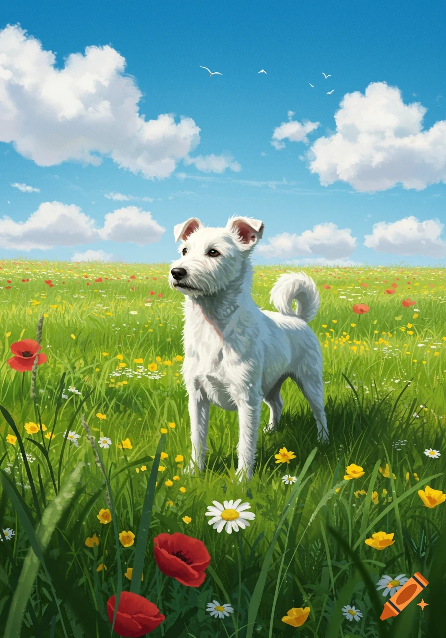 A white dog stands in a vibrant green meadow filled with red poppies and yellow daisies under a bright blue sky with white clouds.