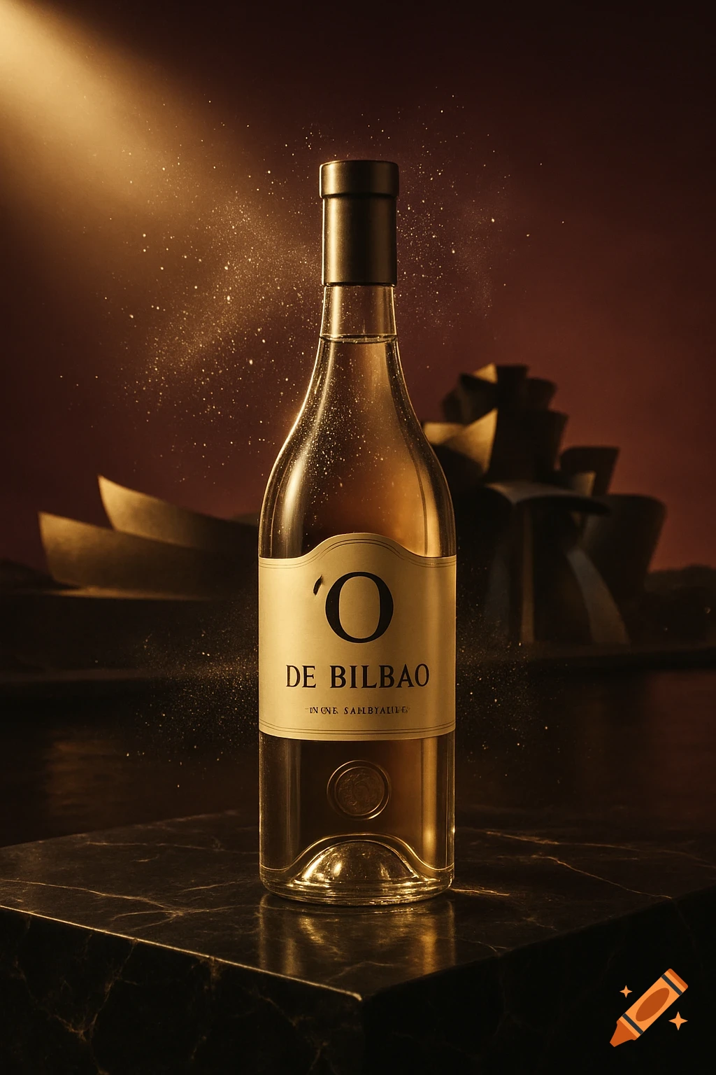 A close-up, photorealistic shot of a clear bottle of 'O DE BILBAO' wine with a black cap, sparkling in a golden spotlight. The bottle sits on a dark marble surface with the abstract, angular shapes of the Guggenheim Museum Bilbao faintly visible in the background.