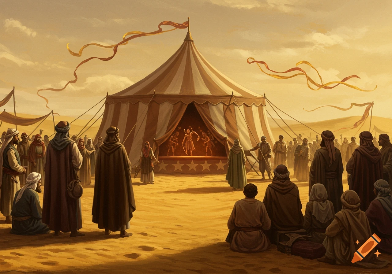 A golden-hued, painterly scene of a large crowd gathered around a striped circus tent in a desert, watching a performance within.