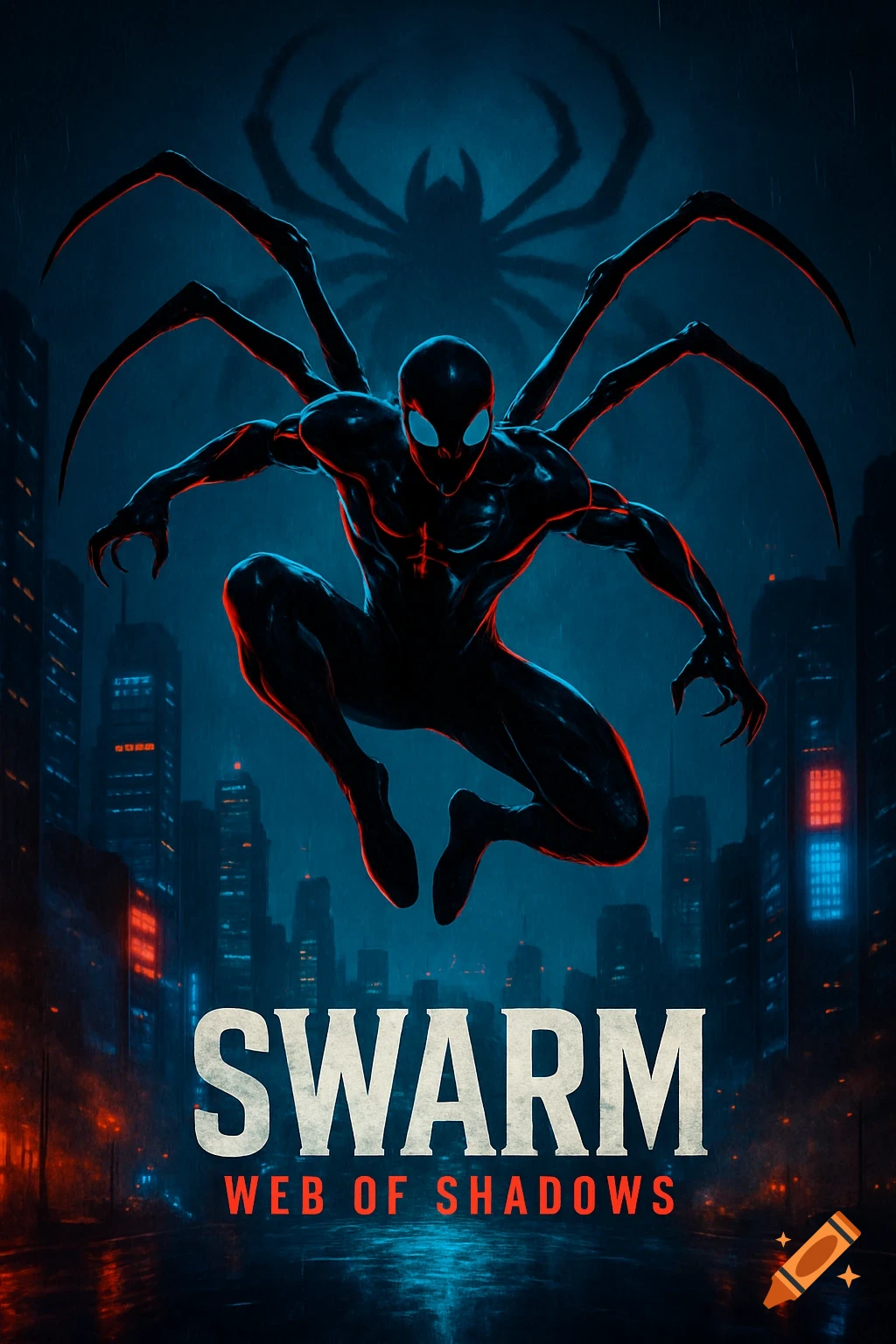 Dark spider-like superhero with extra limbs leaps over a rainy cityscape at night, under a giant spider shadow. Text: SWARM WEB OF SHADOWS.
