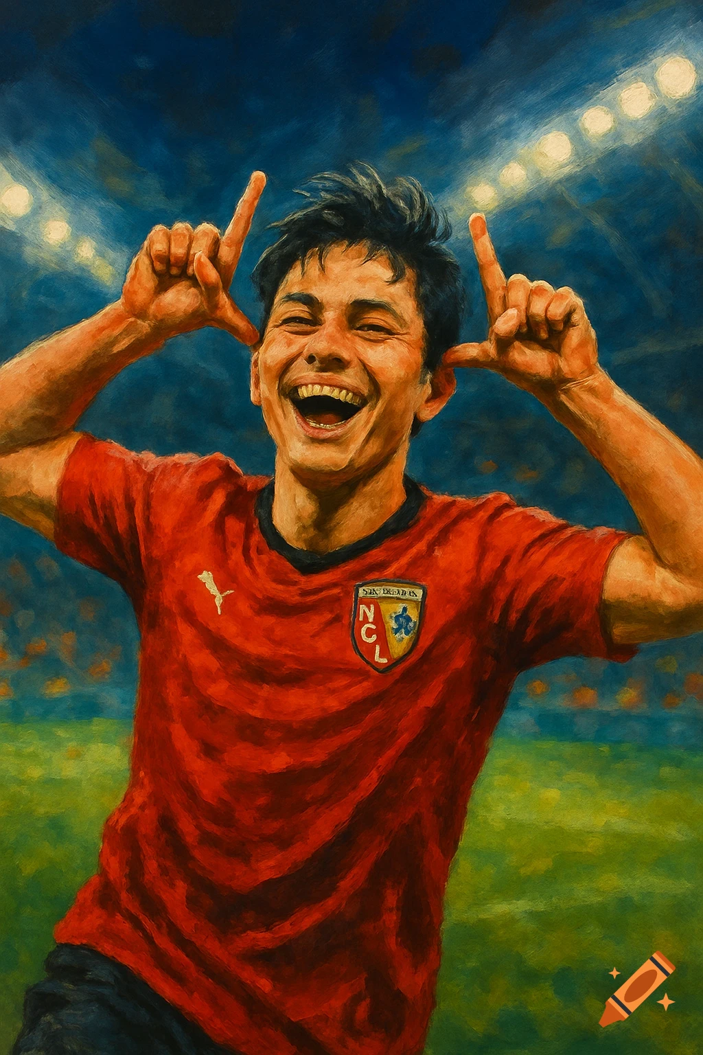 Joyful male soccer player in red jersey celebrating, hands raised, in an oil painting style stadium.