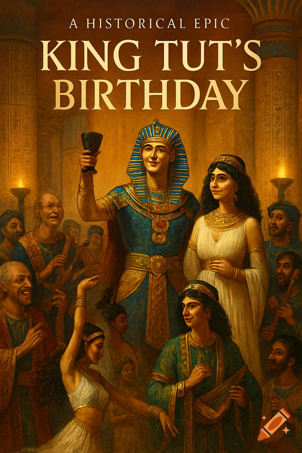 An ancient Egyptian party scene for King Tut's birthday, with King Tut holding a goblet, surrounded by his wife, dancers, and musicians.