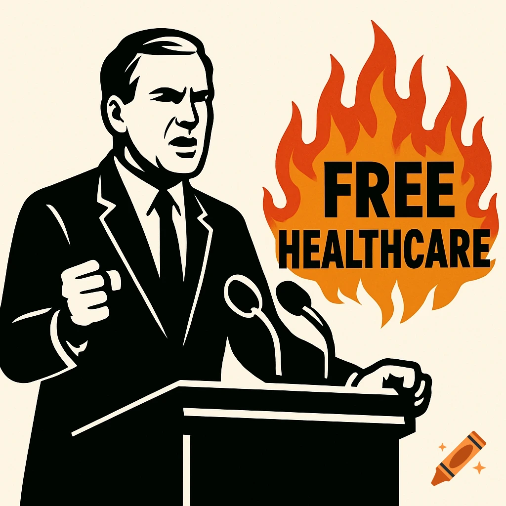 A man in a suit speaks at a podium with 'FREE HEALTHCARE' in flames next to him, in a bold graphic art style.