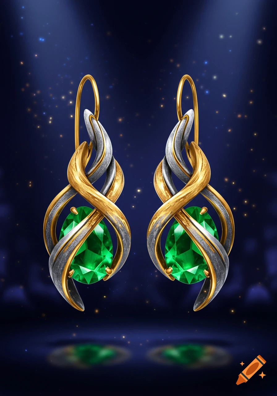 A pair of elegant gold and silver earrings with pear-shaped green emeralds, against a dark blue sparkling background.