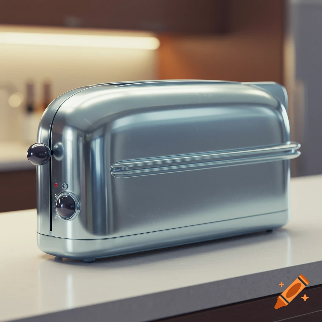 A sleek, streamlined silver toaster with black control knobs sits on a light kitchen countertop.