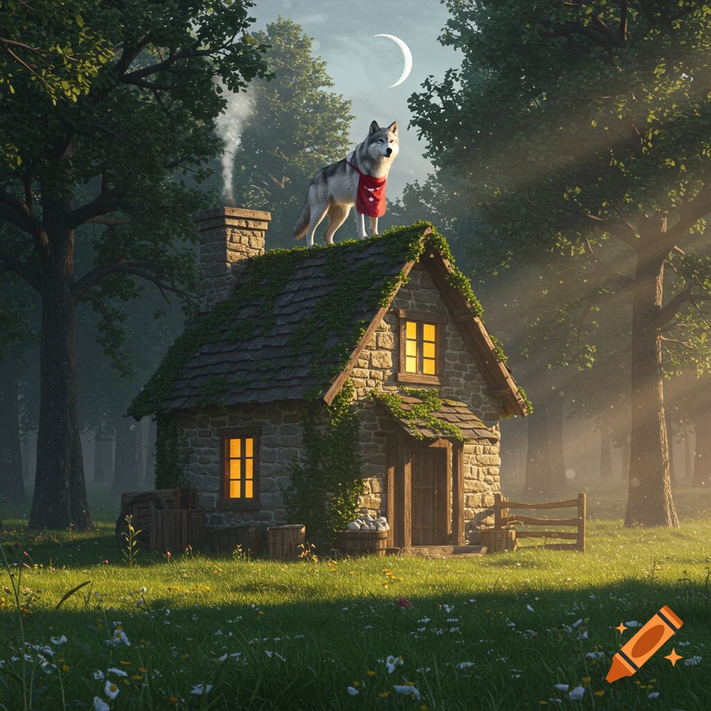 A grey wolf in a red apron stands on the mossy roof of a stone cottage in a sunlit forest under a crescent moon.