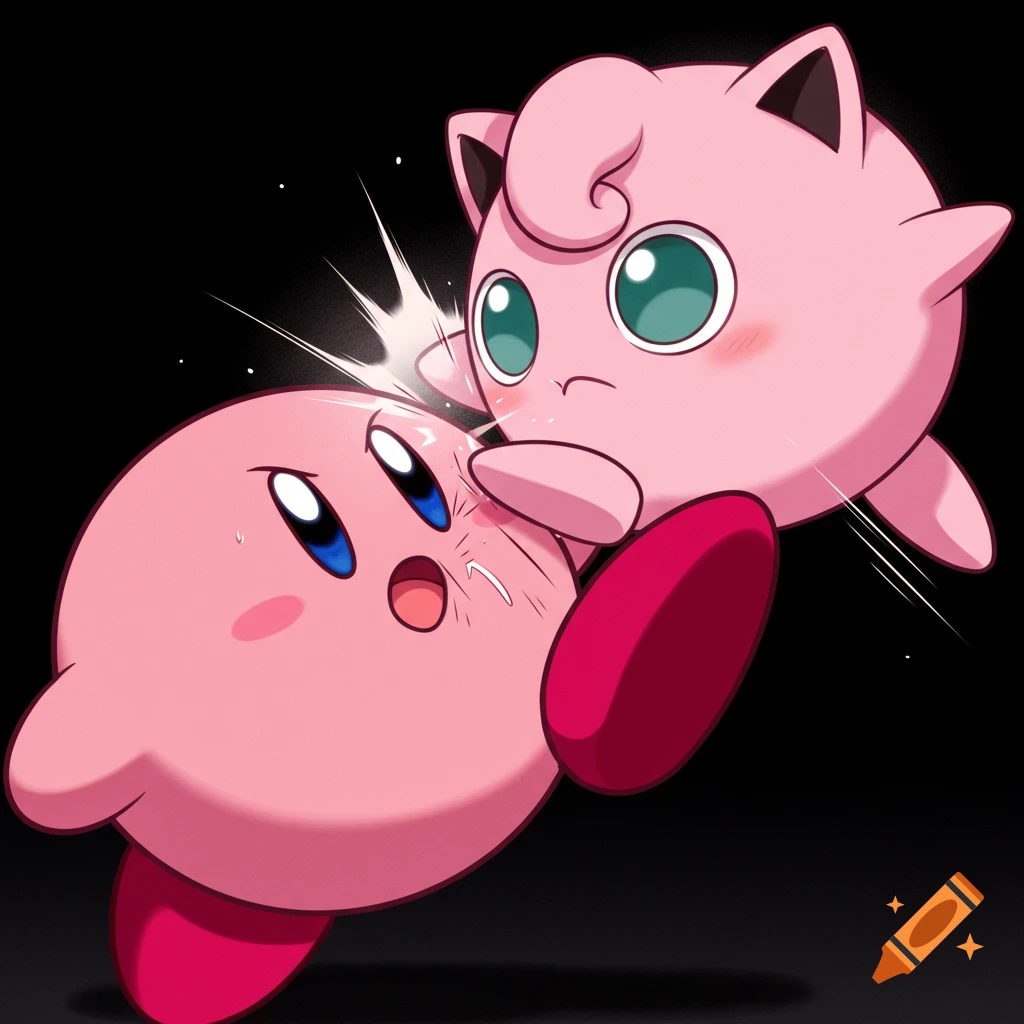 Pink Jigglypuff kicks pink Kirby in the face, in an anime art style on a black background.