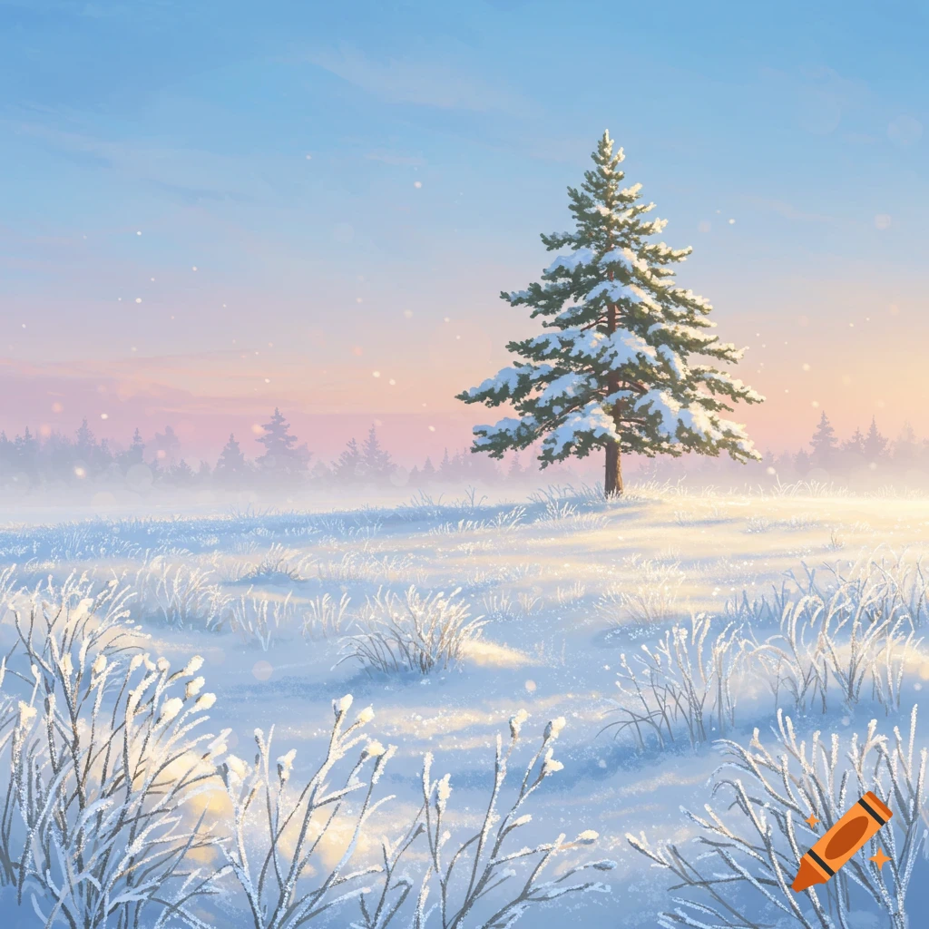 A serene winter landscape with a snow-covered evergreen tree in a field under a pink and blue sky, with gentle snowfall.