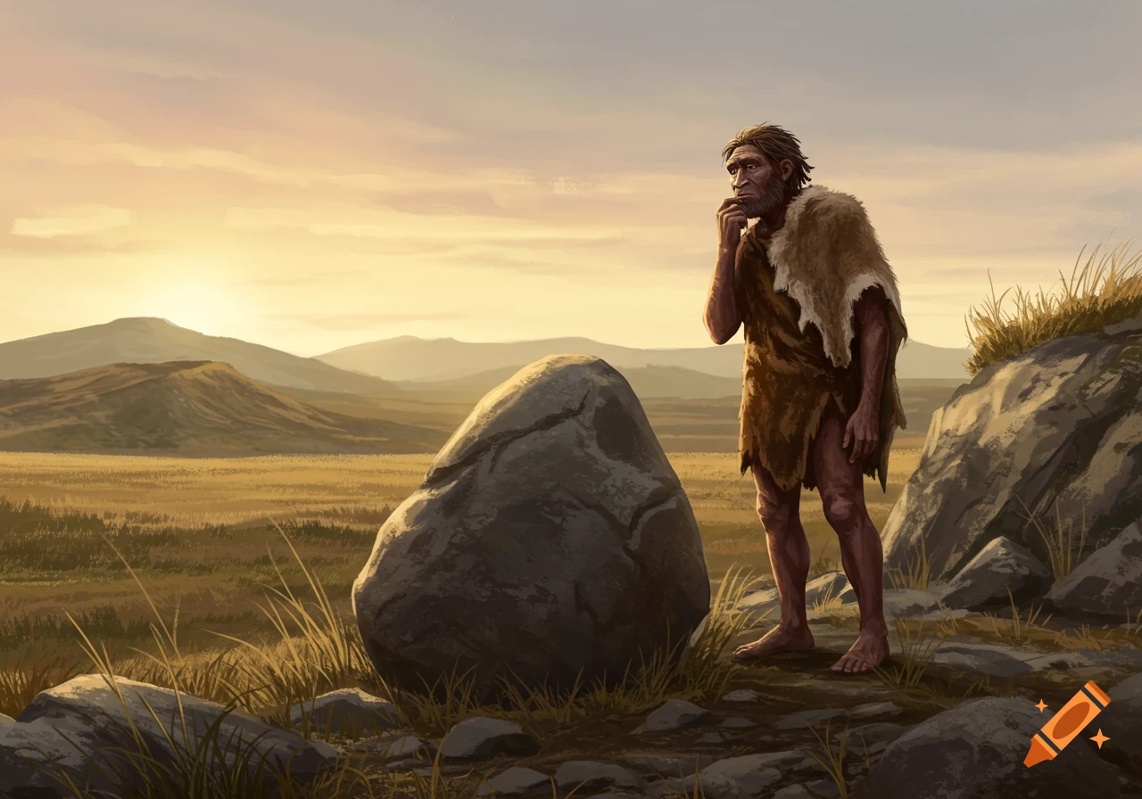 Ancient human in primitive attire contemplating a large rock on a grassy plain with mountains at sunset, illustration.