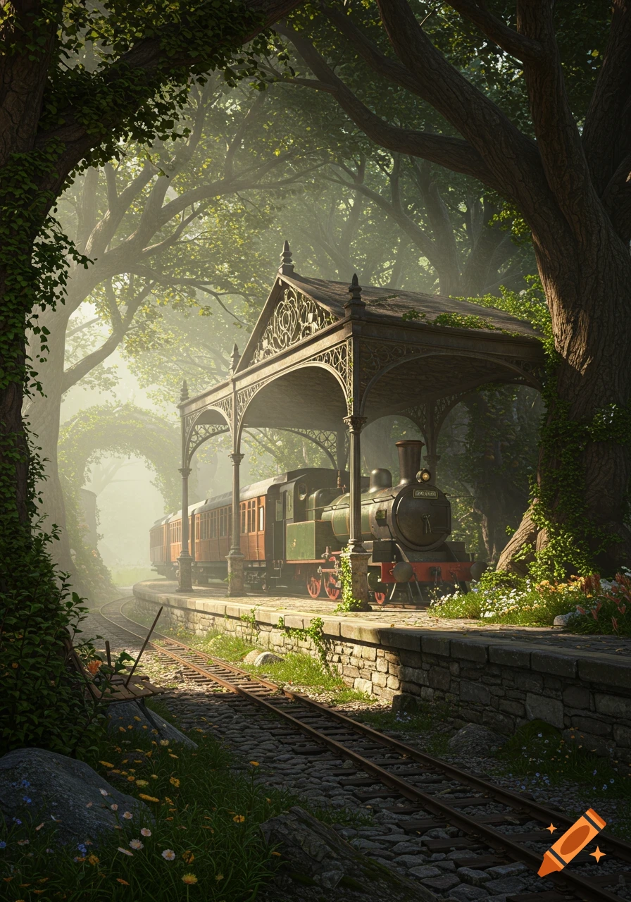 A vintage steam train waits at an overgrown, ornate station platform deep within a misty, sunlit forest.