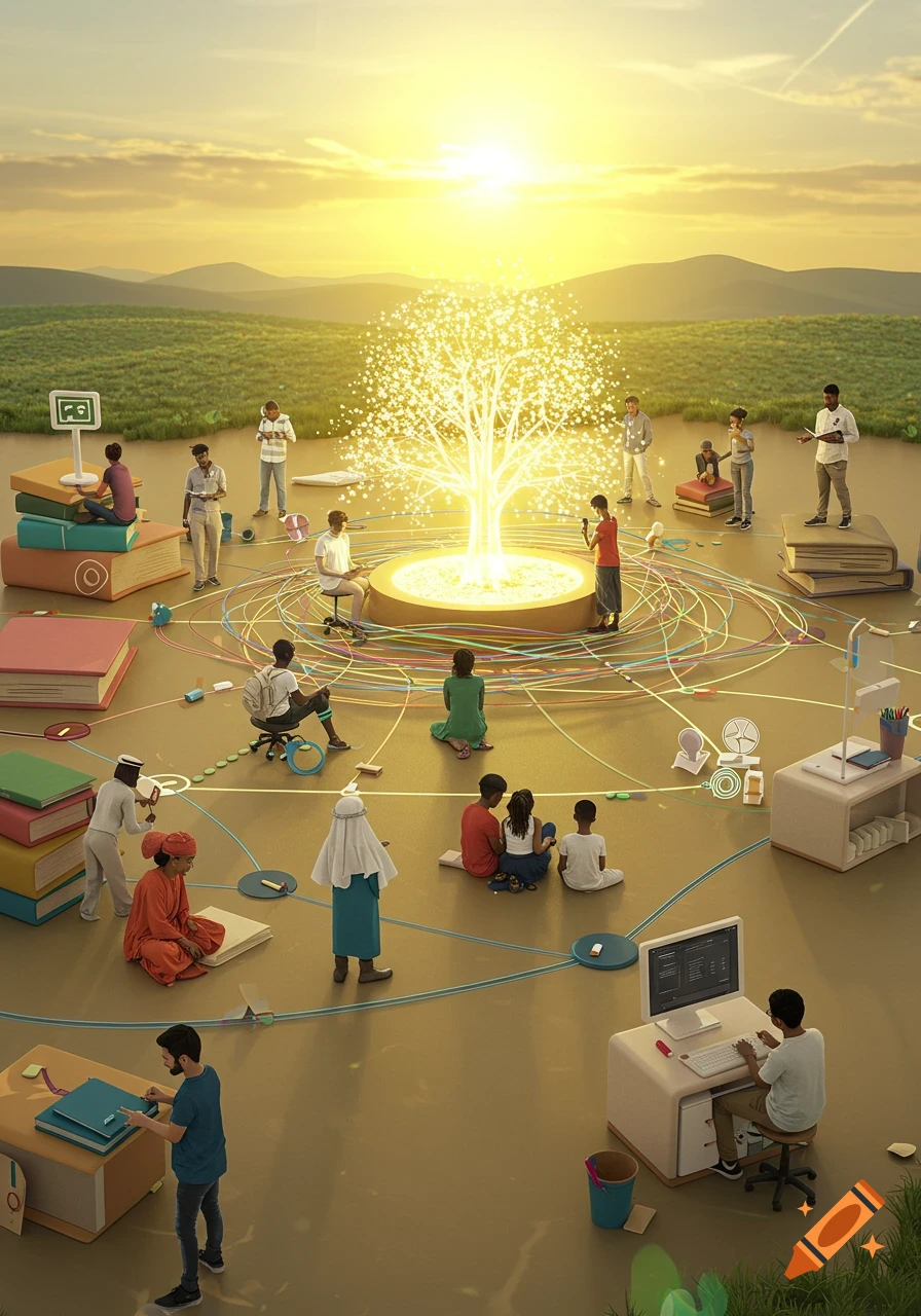Digital art of diverse people studying around a glowing tree, surrounded by books and technology, in a golden grassy landscape at sunset.